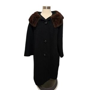 Vintage Classic Womens Black Dress Coat Brown Fur mink Collar Swing